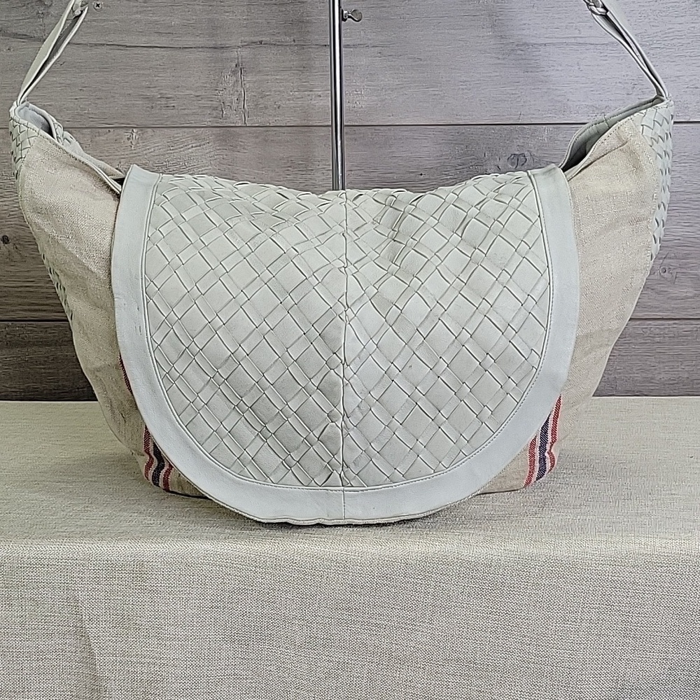 Claramonte Taupe Gray Canvas Leather Woven Slouch Shoulder Bag Hobo Handbag - Picture 2 of 13